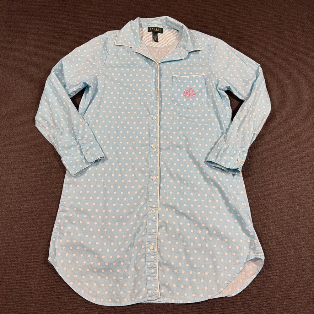 Lauren Ralph Lauren Small Cotton Long Sleeve Sleep Shirt Light Blue Polka Dot